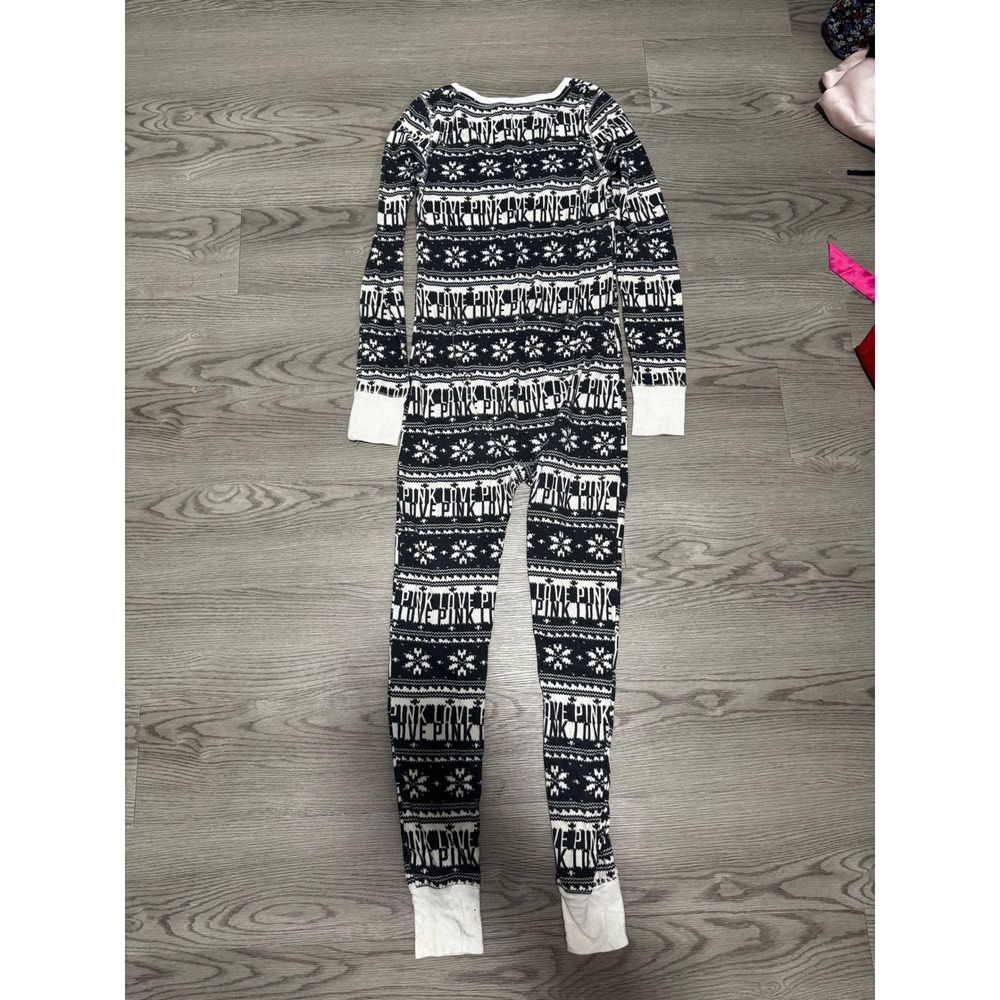 Victoria's Secret PINK Thermal Union Suit One Piece Pajamas Fair Isle Black XS - Picture 4 of 4